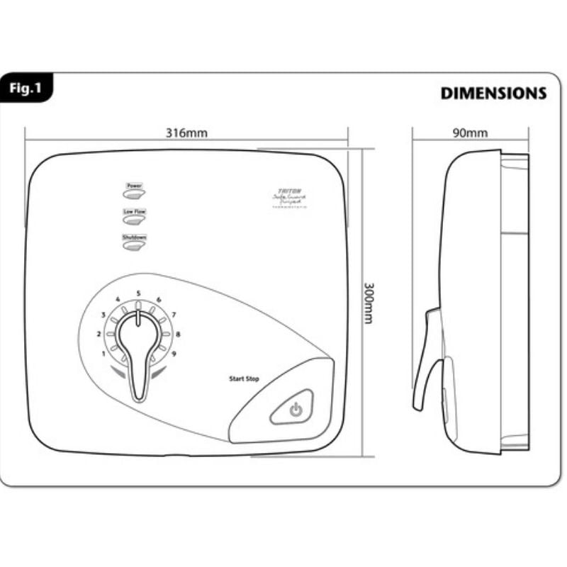 Triton Safeguard Care Pumped Electric Shower size drawings