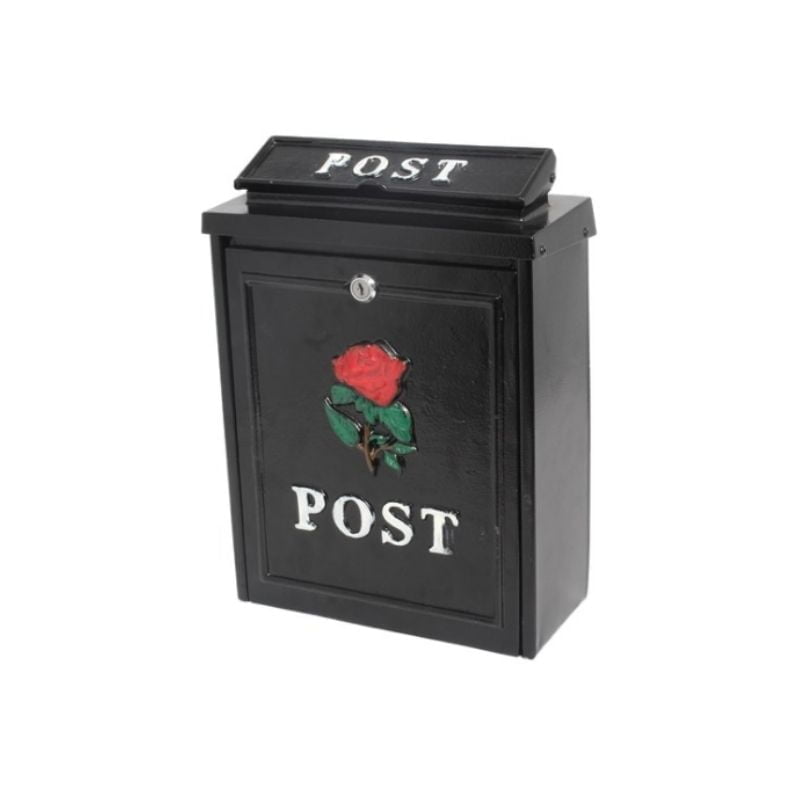 Post Box – Diecast Black With Red Rose