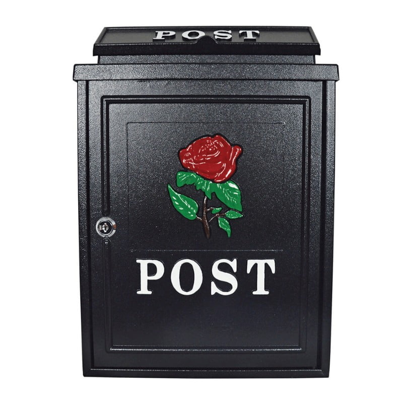 Post Box – Diecast Black with Red Rose