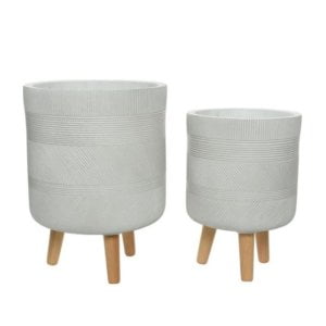 Fibre Clay Planter with Wood Legs - Set of 2 Off White