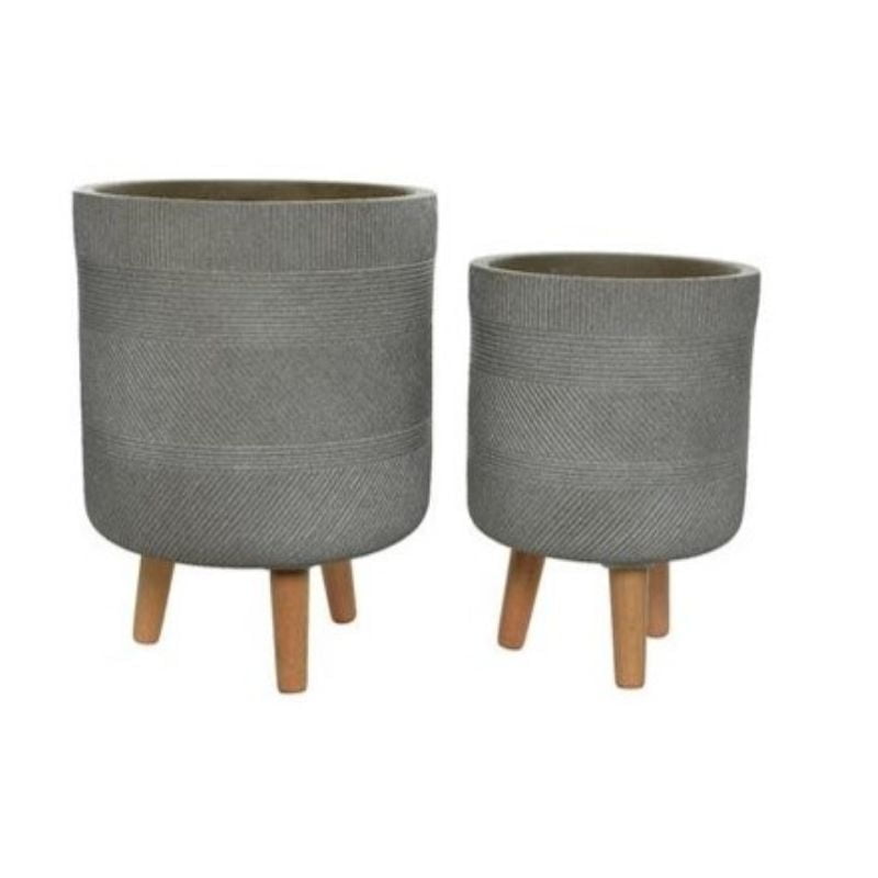 Fibre Clay Planter With Wood Legs – Set Of 2