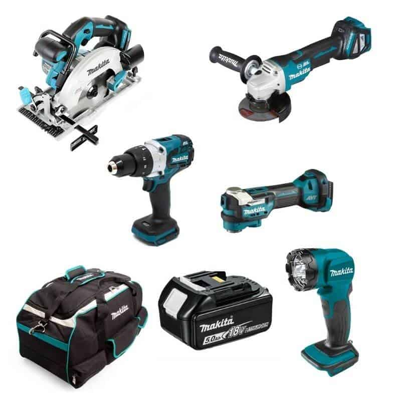Makita 5 Piece Power Tool Kit including batteries, charger and large tool bag